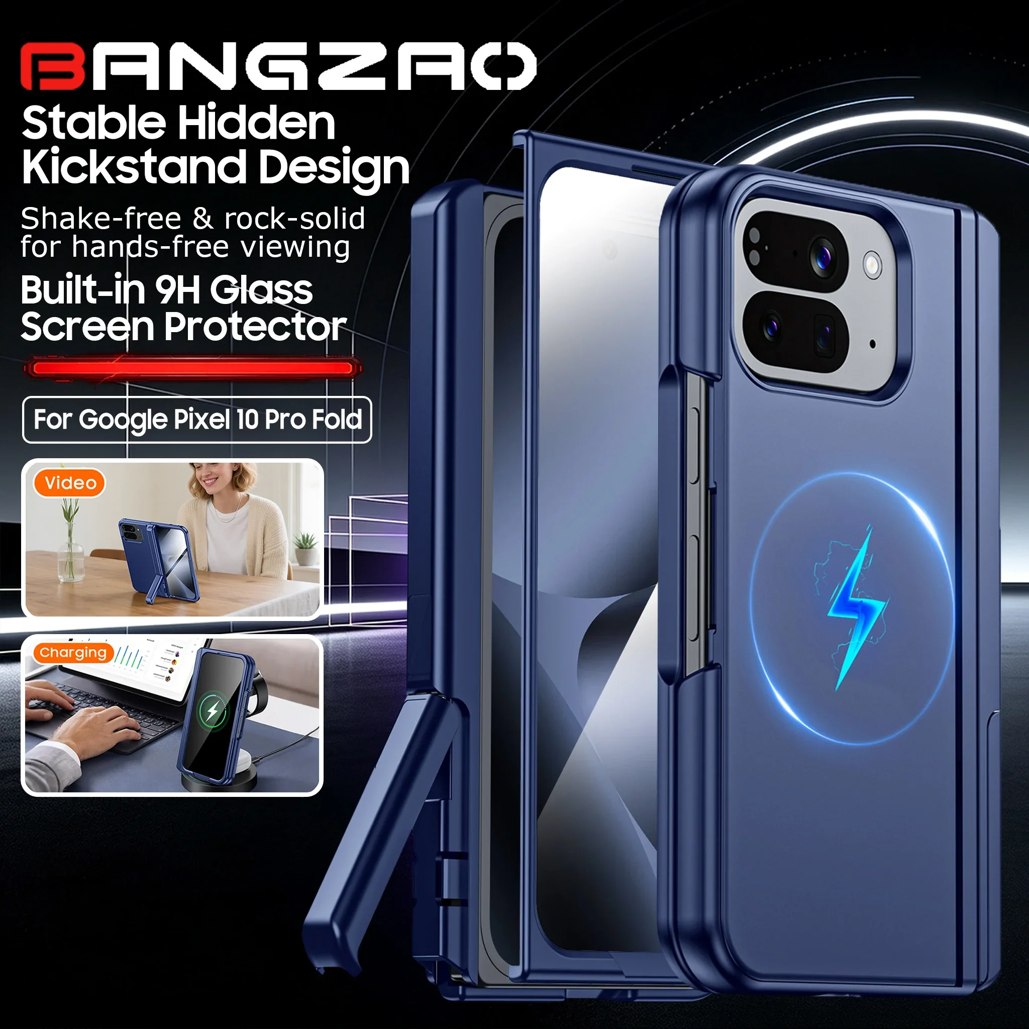 für Google Pixel 10 Pro Fold Hülle, mit verstecktem Ständer, magnetisch, eingebautem 9H-Glas-Displayschutz & Scharnierschutz - Blau