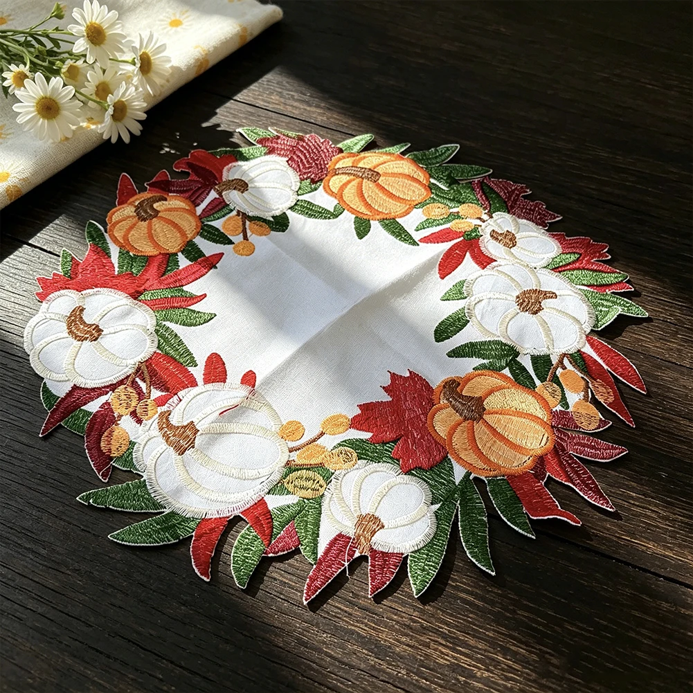 Pumpkin Wreath Embroidered Placemat Large Cutwork Table Mat Thanksgiving Fall Harvest Maple Leaves Farmhouse Kitchen Decor