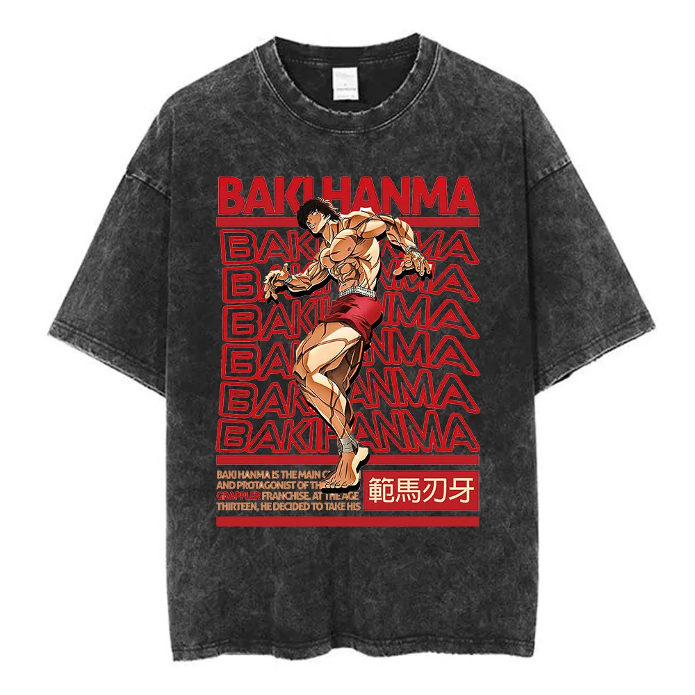 Vintage Washed T Shirt Anime Baki The Grappler T-shirt Hanma Yujiro Gym Short Sleeve T-shirts Oversized Cotton Casual Tee Shirt