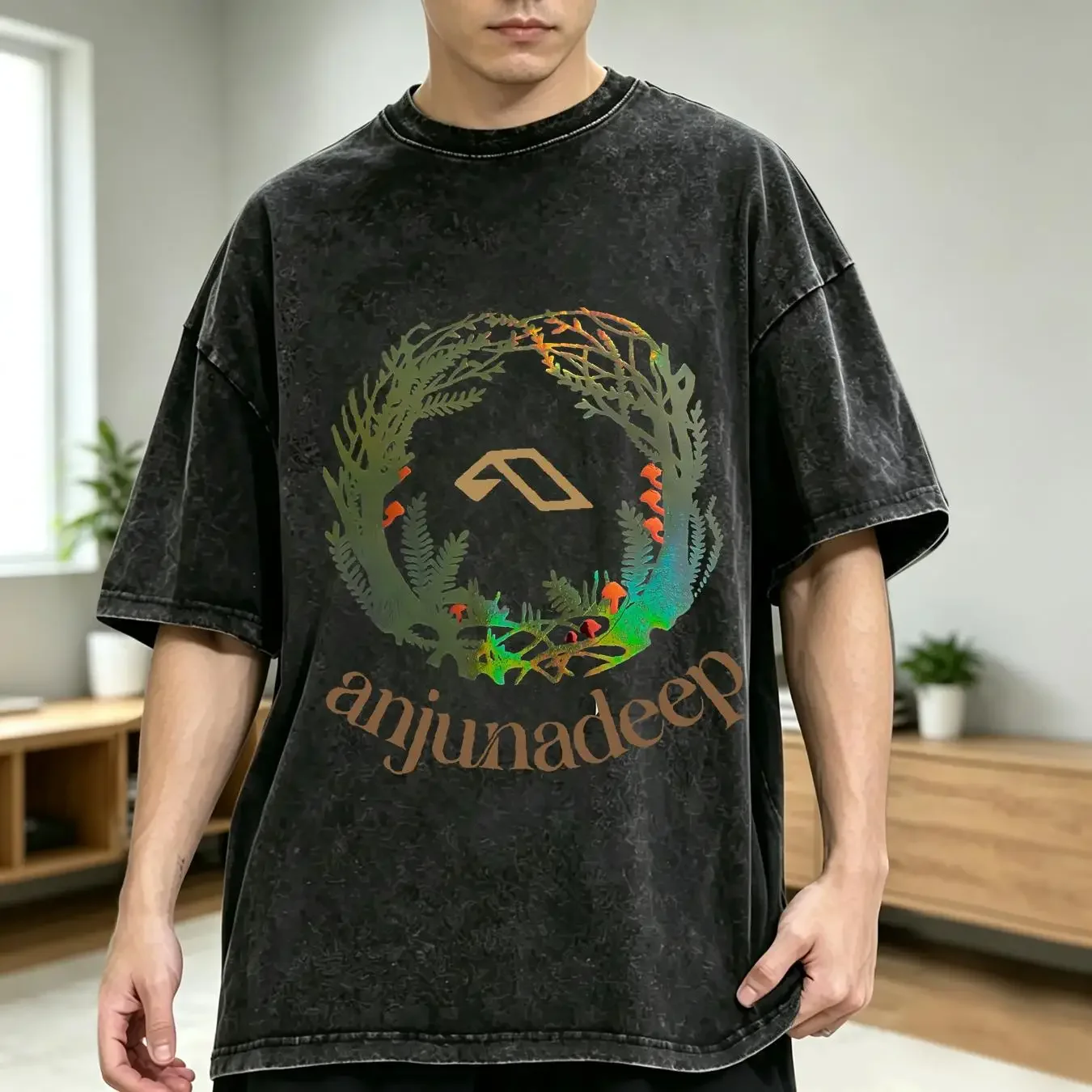 washed T Shirt Anjuna Men s Tank Holographic Mushroom Forest Rave Festival EDM Deep House Anjunabeats Anjunadeep Above Beyond