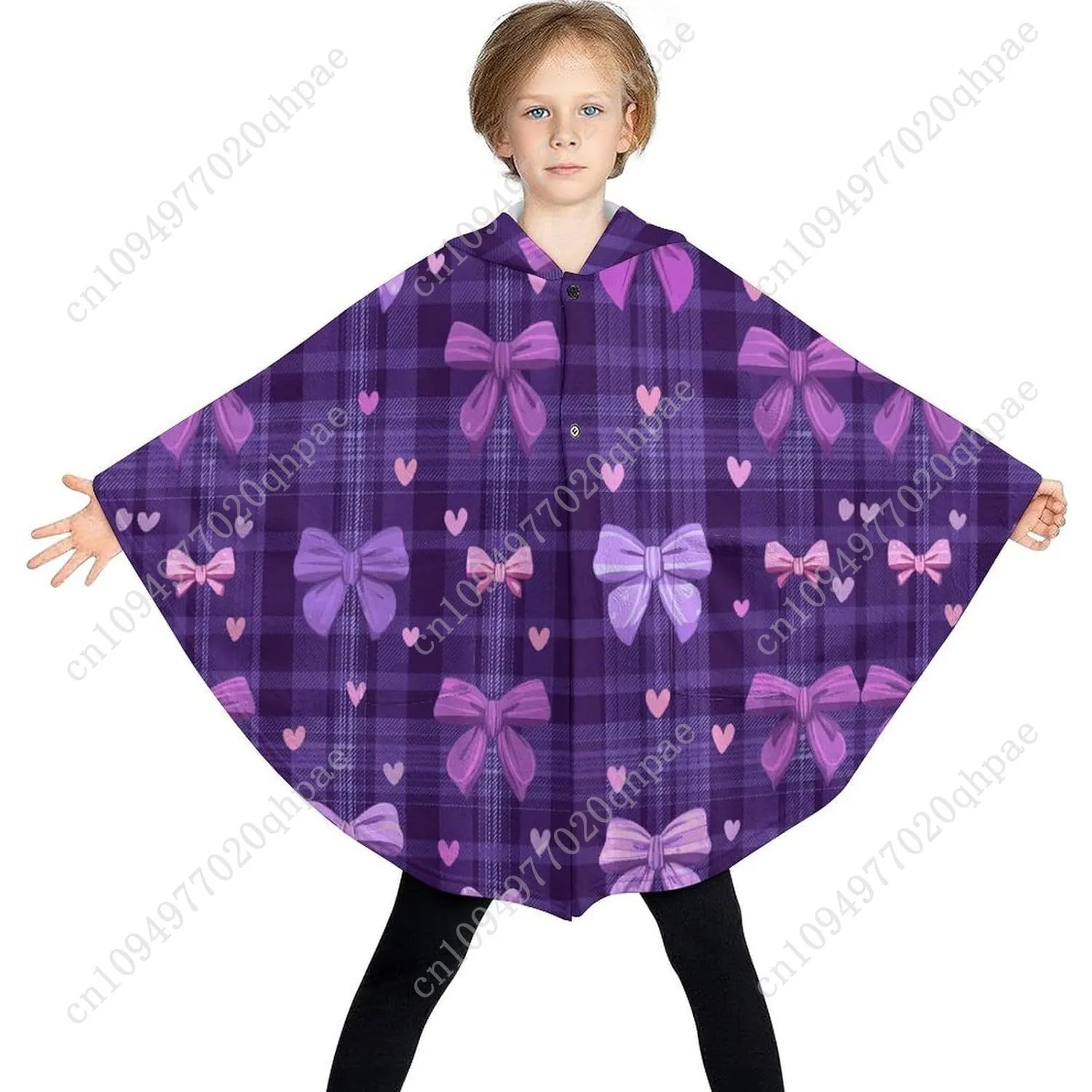 Comodo maglione coperta in flanella, felpa con cappuccio oversize scozzese con fiocchi viola con tasche per bambini e adolescenti