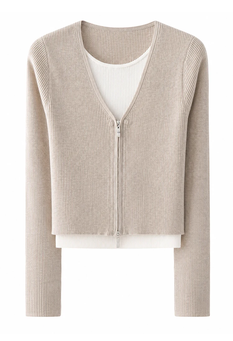 MZ62017 Elegante Damen-Strickjacke mit Reißverschluss, V-Ausschnitt, Langen Ärmeln und Kontrastbesatz aus Modal-Mischung, Mehrlagiges Strickoberteil für Herbst und Winter – Detail 15