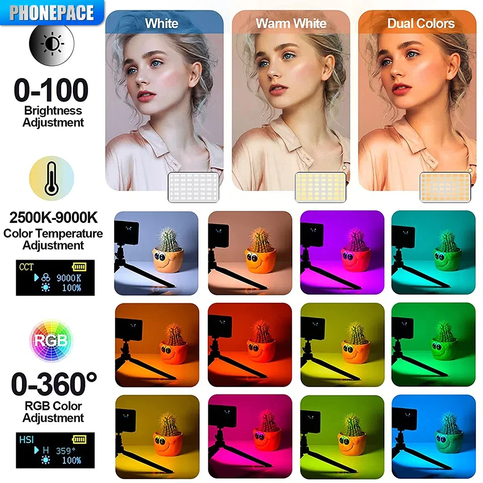 LED RGB Camera Light Full Color Output Video Light Kit Dimmable 2500K-9000K Bi-Color Panel Light CRI 95+ Rechargeable 3300mAh