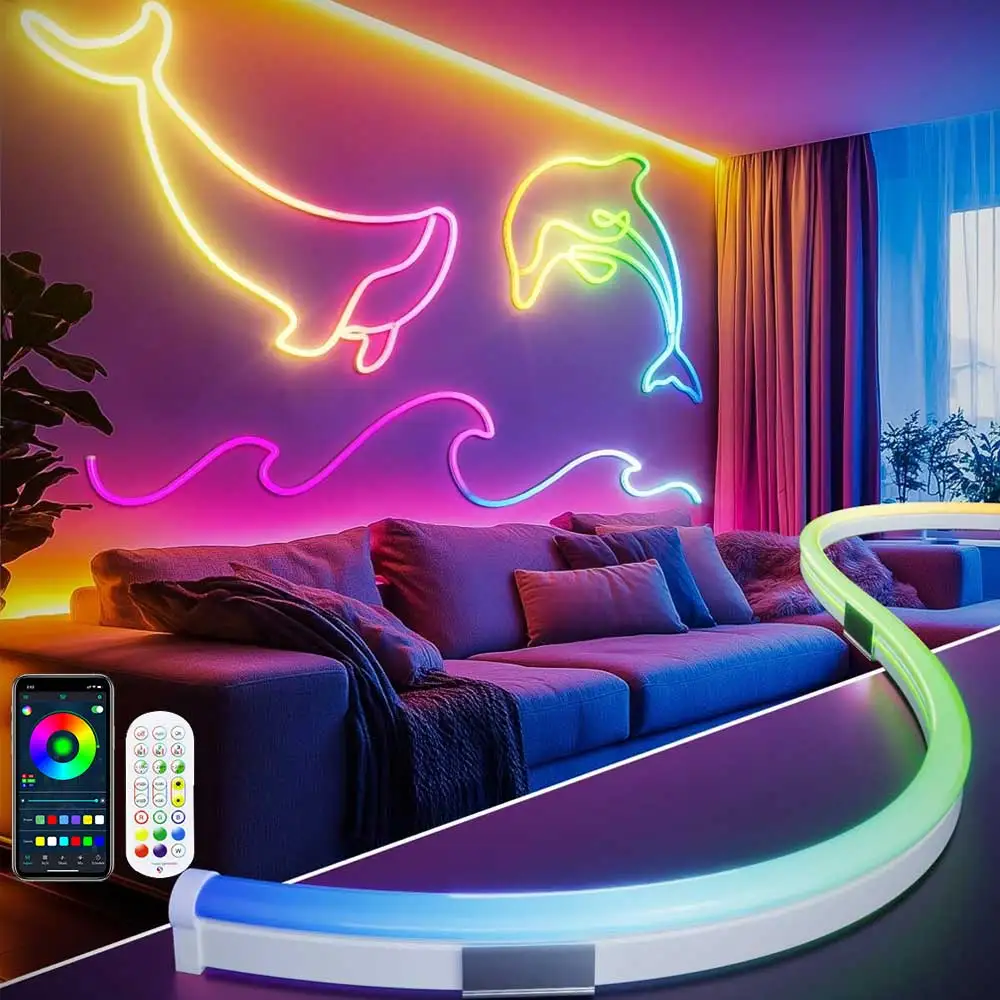 RGBIC Neon Led Strip 1M 2M 3M 5M 10M 12V Wodoodporny RGB IC Pełnokolorowe światło neonowe LED Muzyka Sync Bars Wystrój pokoju gier