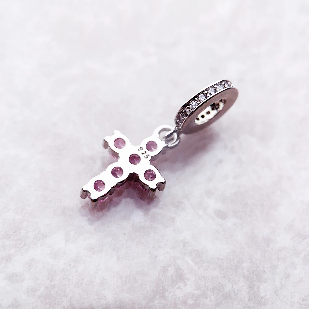 Pink Stone Cross Charm Pendant 925 Sterling Silver New DIY Jewelry Romantic Accessories For Women