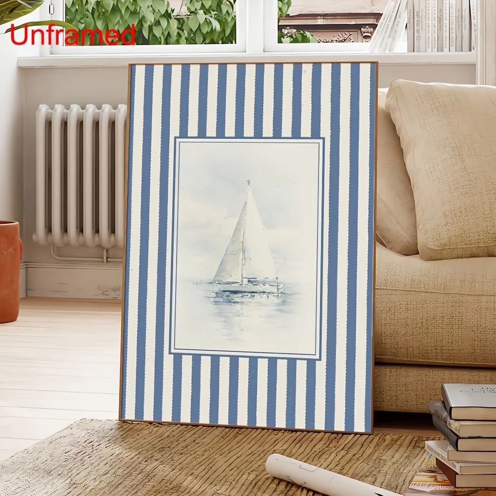 Unframed Vintage Blue Striped Sailboat Canvas Poster, Summer Coastal Nautical Wall Art Print, Minimalist Beach House Aesthetic D