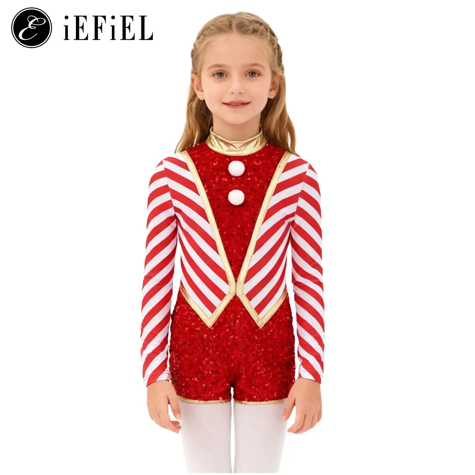 

Girls Miss Santa Candy Cane Dance Costume Sparkly Sequins Striped Long Sleeve Waistcoat Shorty Bodysuits Ballet Dance Uniatrd