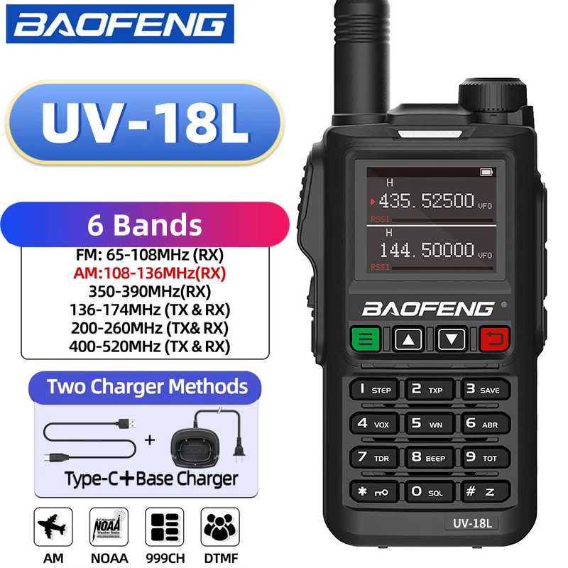 Baofeng UV-18L GPS Walkie Talkie Bezprzewodowa częstotliwość kopiowania 999CH Daleki zasięg Wysoka moc Typ-C Air Band VHF UHF Ham Radio dwukierunkowe