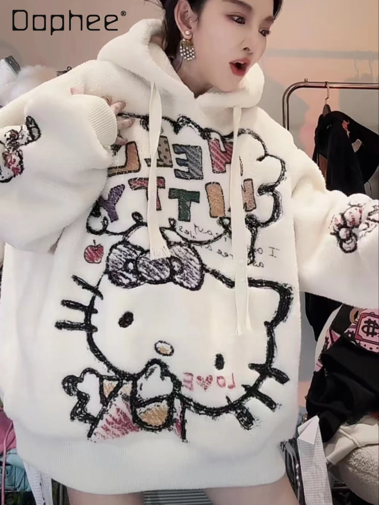 

Autumn and Winter New Cute Lamb Wool Coat Female Cartoon Cat Pullover Sweatshits Female Thickened and Warm Hoodies Women