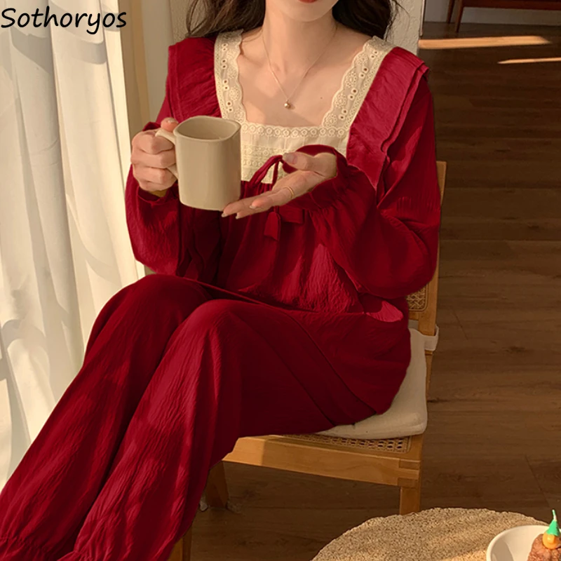 Pajama Sets for Women Home Lace Design Sweet Bandage Casual Aesthetic Princess Girlish All-match Sleepwear Korean Fashion Mujer