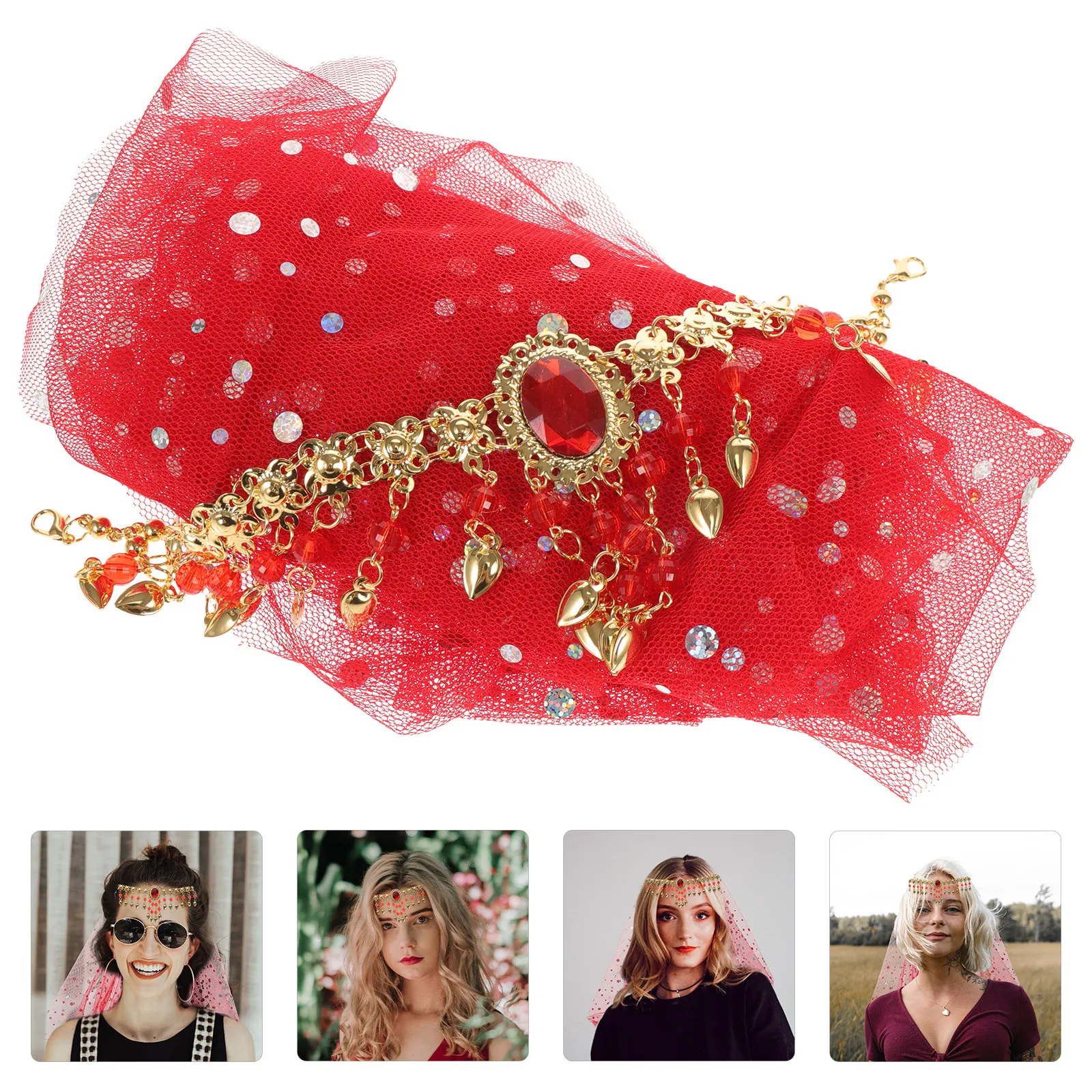 1セットヘッドピースベールセットエスニックダンスアクセサリー軽量エキゾチックフェイスベールベリーダンスパフォーマンスコスチュームパーティー用