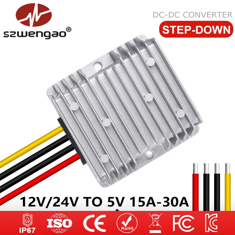 szwengao DC 12V 24V to DC 5V 15A 20A 30A Step-down Converter Buck Voltage Regulator 150W LED Power Supply for Cars Waterproof