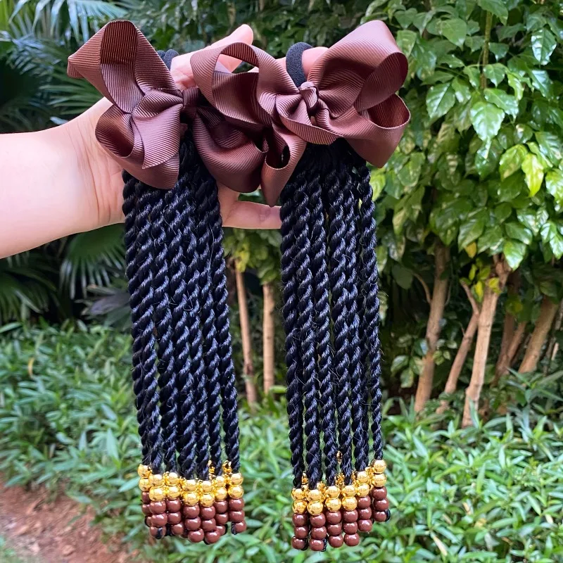 

Set Of 2 Ponytail Extensions Elastic Tie Braids with Beads, Hair Bow,and clip , Wig Hairpiece Easy to Install for Girls