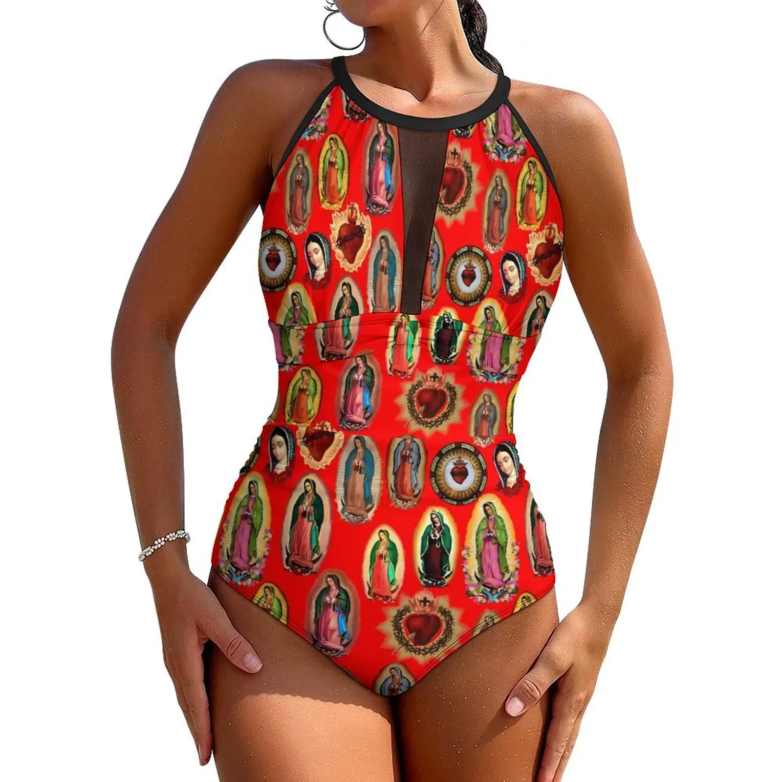 Virgin Mary Swimsuit Our Lady of Guadalupe Swimwear One-Piece Holiday Design Swimsuits Mesh Monokini Female Push Up Beach Wear