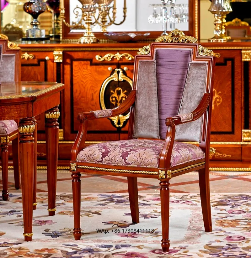 Elegant French Palace Style Handcrafted Gilded Carved Solid Wood Mahogany Finish Floral Upholstered Seating Luxury Dining Chair