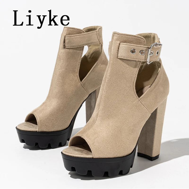 Liyke Punk Style Peep Toe Cool Riding Platform Boots Sandals Female Fashion Buckle Strap Thick High Heels Women Shoes Booties