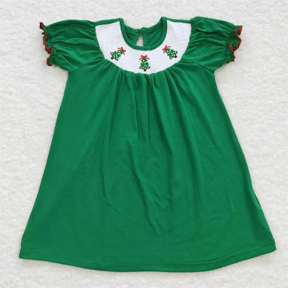 

Wholesale Baby Girl Christmas Tree Dress Short Sleeves Clothing Kid Children Infant Toddler Holiday Smocked Green Cotton Clothes