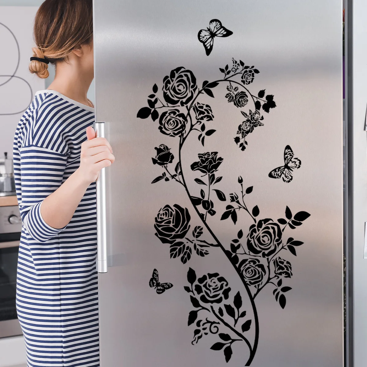 30*60cm Plant Black Flower Butterfly Wall Sticker Living Room Bedroom Fridge Kitchen Restaurant Decorative Mural Wall Sticker