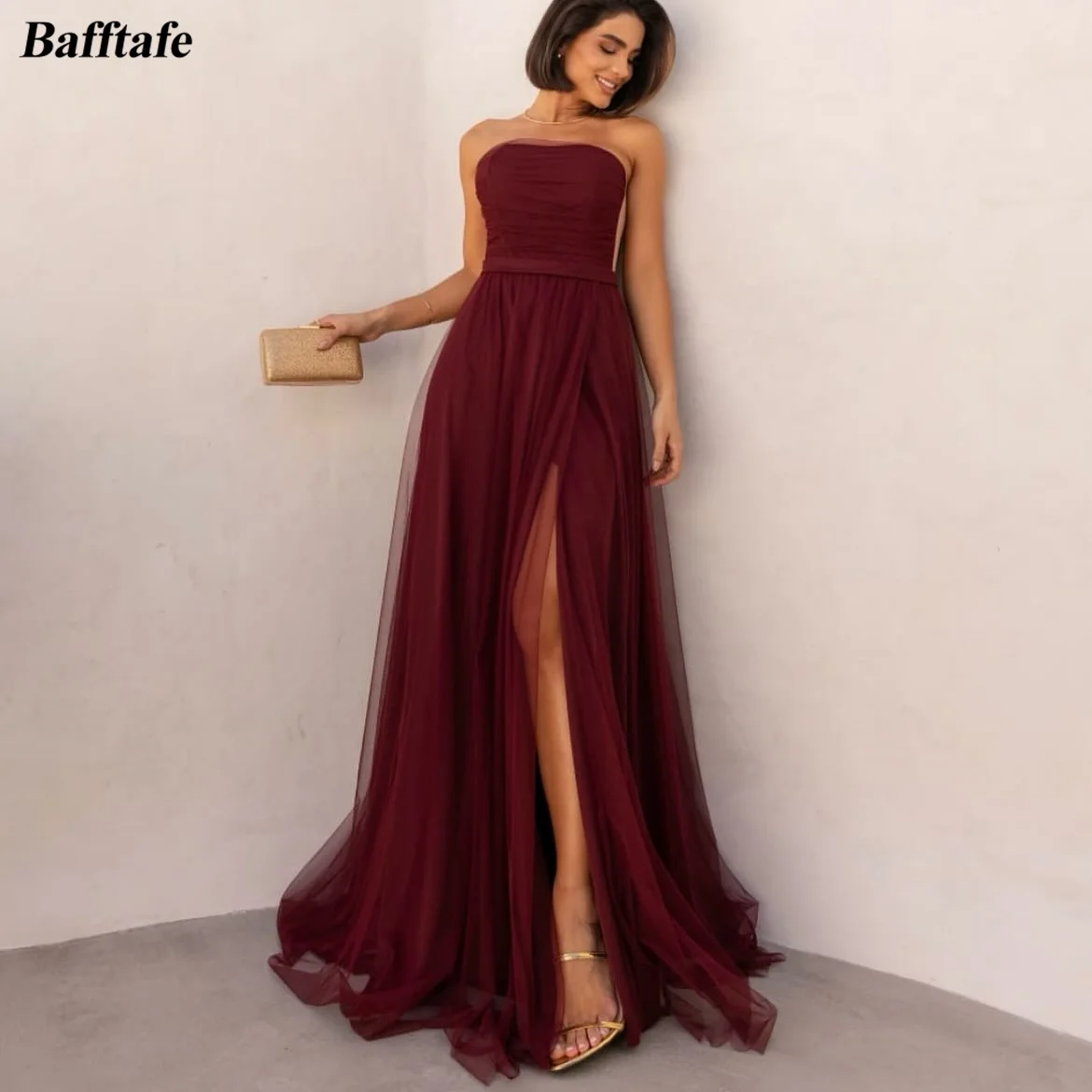

Bafftafe Customized A Line Tulle Formal Prom Dresses High Slit Strapless Special Occasion Party Dress Saudi Arabic Evening Gowns