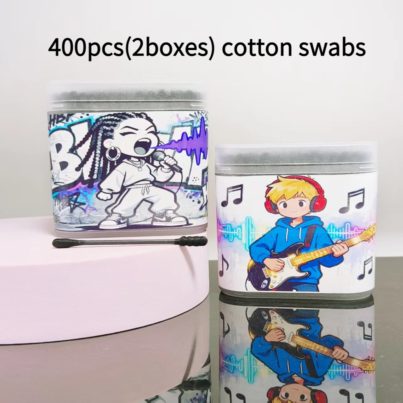 400 Stück (2 Kartons) Musik-Wattestäbchen mit Muster für Jungen und Mädchen, schwarz, doppelköpfiger Wattebausch, Geschenk-Wattestäbchen