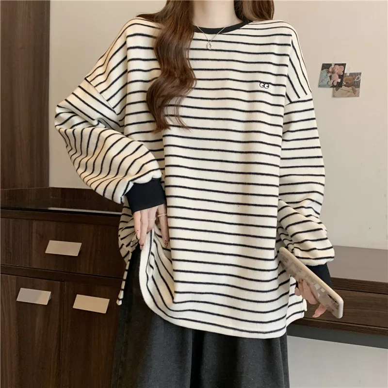 Mid-Length Striped Long Sleeve T-Shirt for Women Fall Winter Thermal Fleece Lined Loose Fit Thick Warm Top Shirt