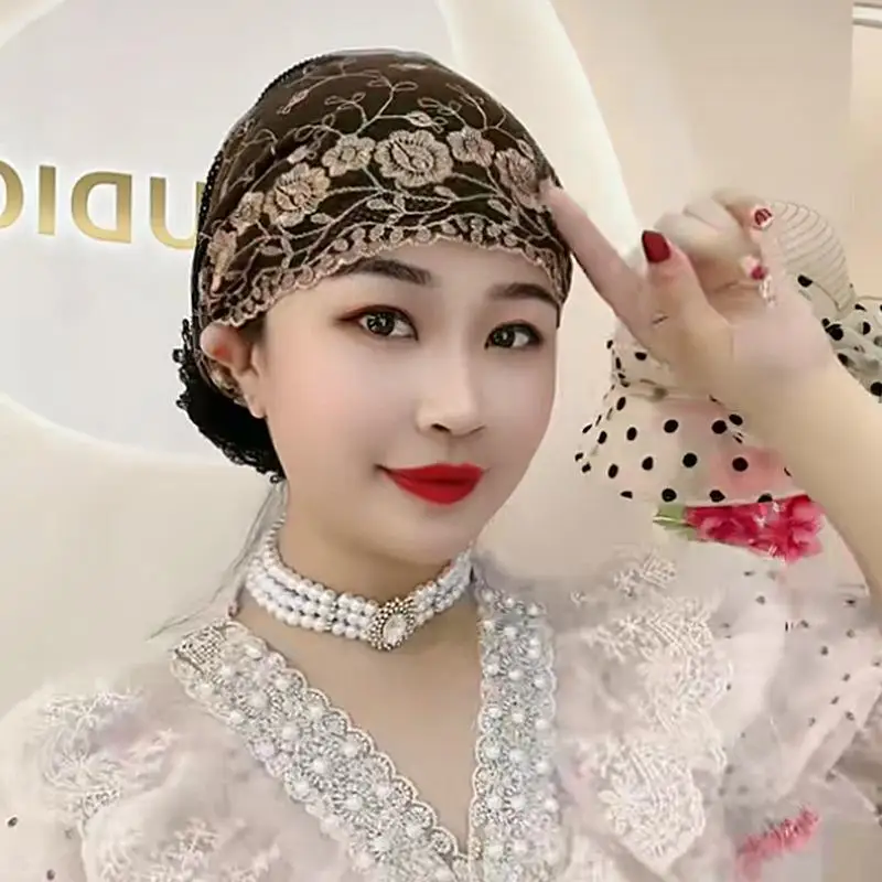 Washable Lace Floral Turban for Women Durable Embroidery Hijab Cap Elastic Head Wrap Scarf for Long Time Wear