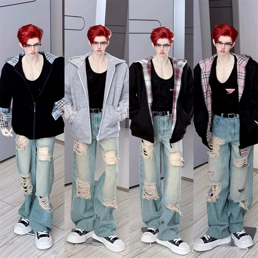 

BJD Doll Clothes Toys ID75 1/4 Handsome Casual Hoodie Patchwork Checked Base Coats Multi-color Daily Boys Girls Doll Accessories