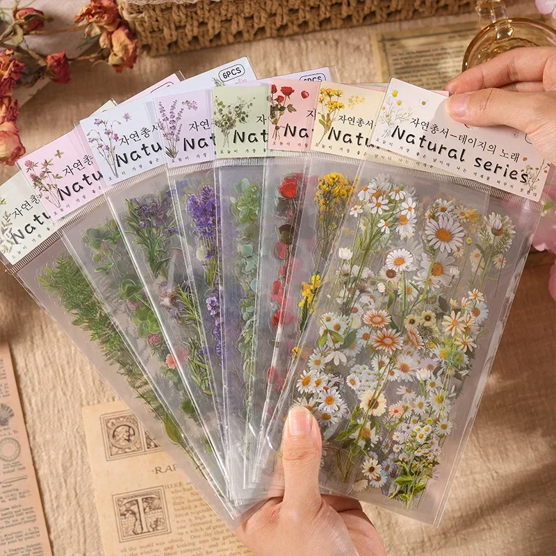 6pcs/pack Transparent  Flowers Plants PET Decorative Stickers Diary Scrapbooking Material Deco Album Stationery Stickers