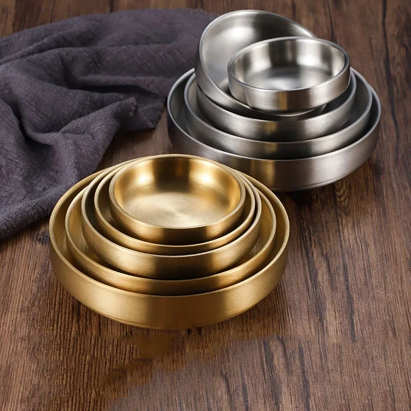 Stainless Steel Bone Spitting Dish Gold Silver Shallow Tray Metal Dining Disc Round Plate Dessert Tableware