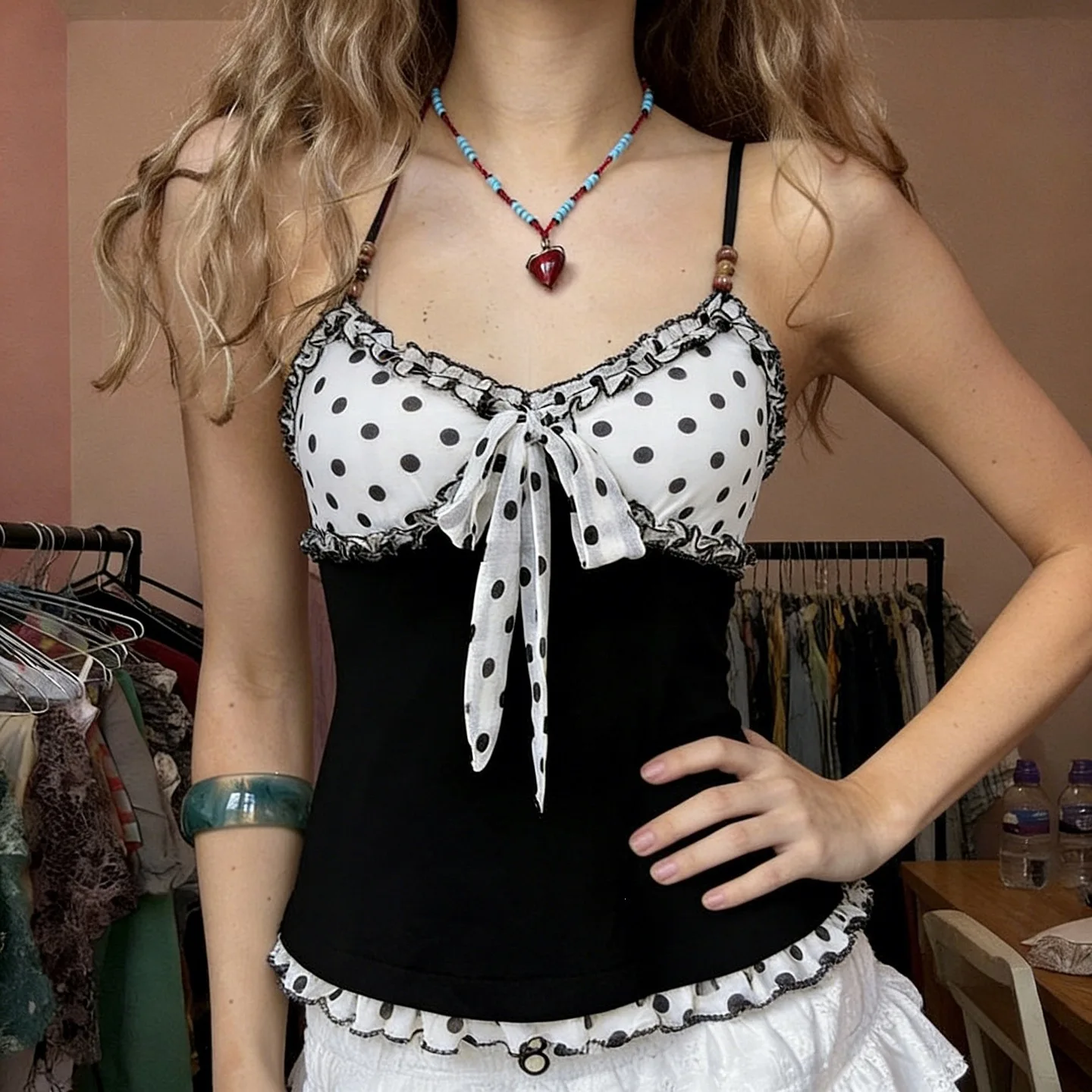 Hot Girls Trendy Dot Print Contrasting Color Stitching Beaded Camisole Cross-border New Hot Girl Bottoming Top for Women