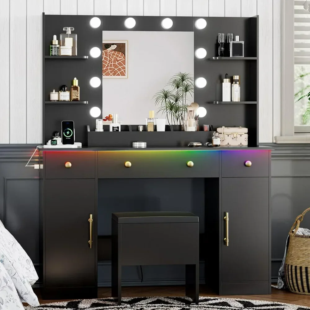 Vanity Desk with Mirror and Lights, 43'' White Makeup Dressing Table Set, 3 Lighting Modes Adjustable Brightness & RGB LED