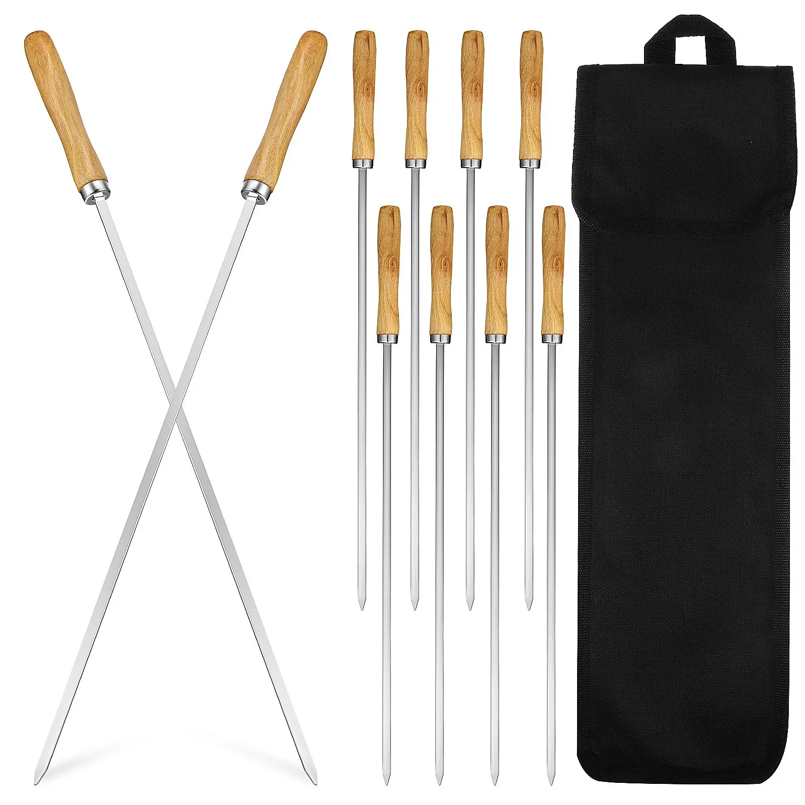 

10pcs Flat Stainless Steel BBQ Skewers 42cm Roasting Sticks Protective Tips Kebab Grilling Tools Camping Outdoor