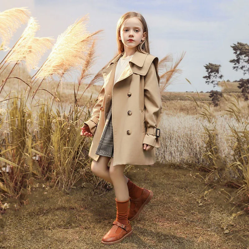 3-14Y Teen Girls Long Trench Coats 2024 New Fashion England Style Windbreaker Jacket For Girls Spring Autumn Children\'s Clothing