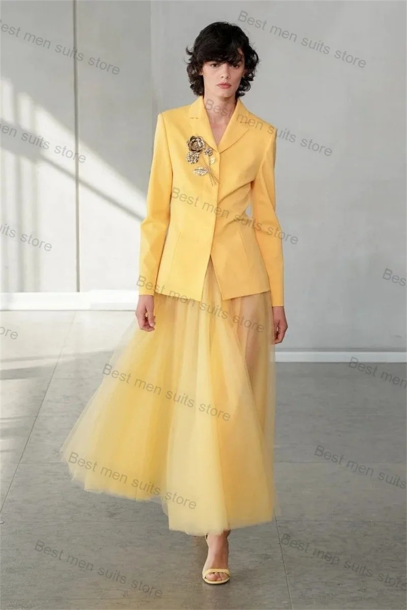 Yellow Women Suit Set 2 Piece Blazer+Tulle Prom Dress Formal Office Lady 3D Flower Customized Cotton Wedding Coat Jacket Outfit