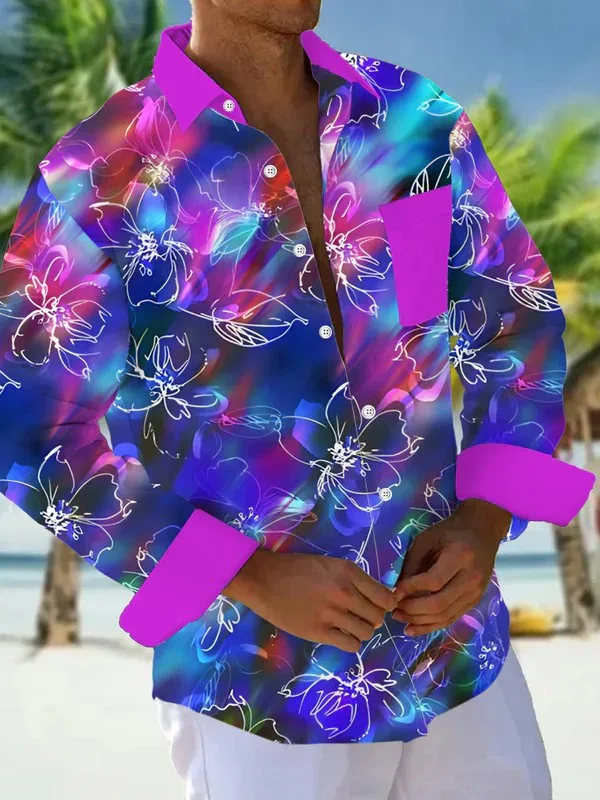 خمر الأزهار مجردة الرجال قميص 3D الطباعة للجنسين عارضة أزياء طويلة الأكمام قميص طية صدر السترة واحدة الصدر للجنسين الملابس #4