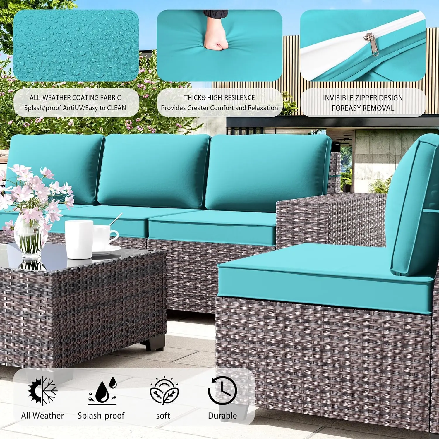 Outdoor Patio Sectional Sofa Set PE Rattan Wicker with 2 Coffee Tables & 10 Cushions, Customized