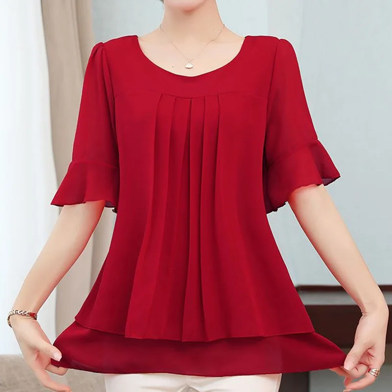 Chiffon Short Sleeve Thin Blouse Women Clothing Solid Plus Size Irregular Loose Elegant Shirt Tops Vintage Casual Summer New