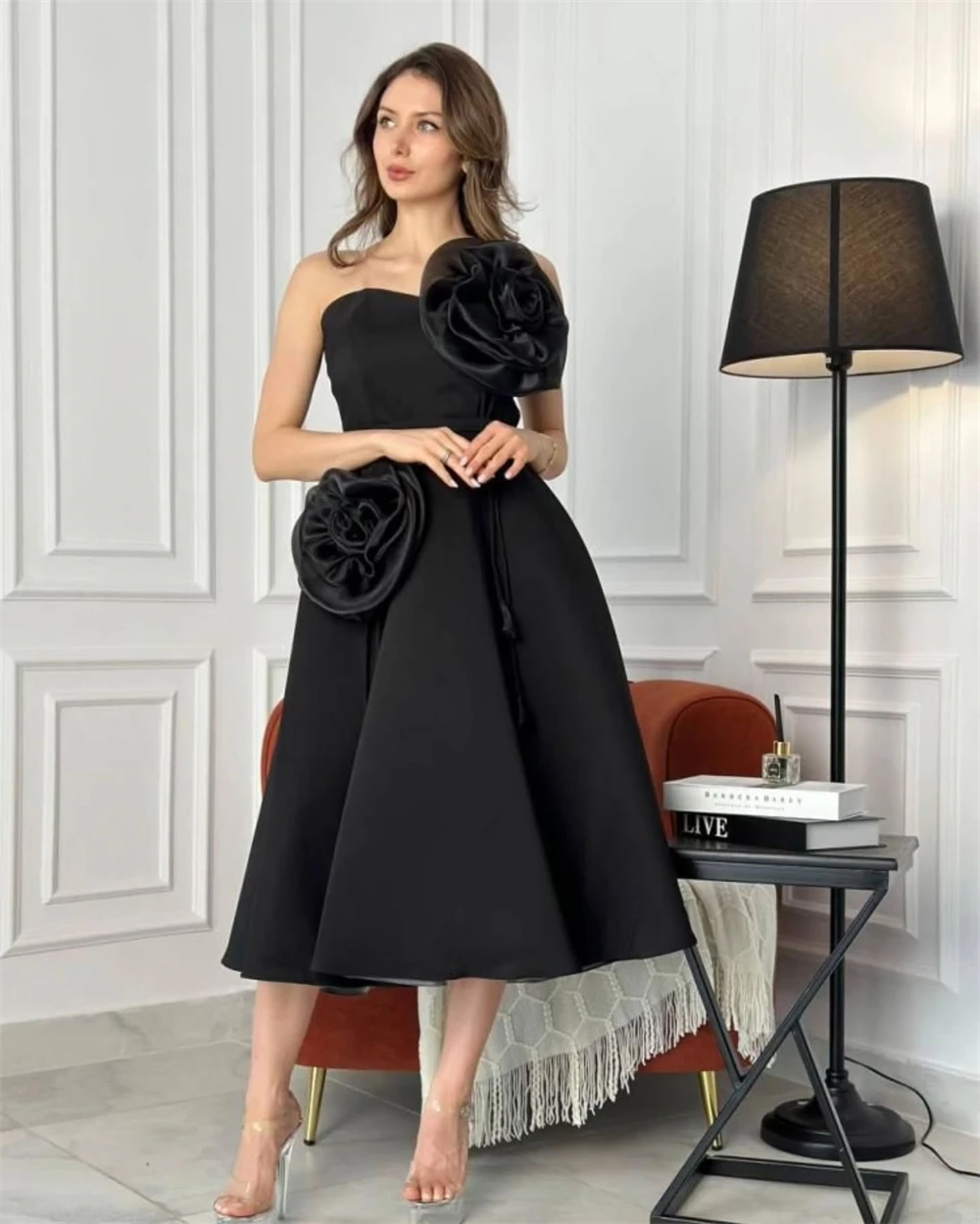 Robe de soirée en mousseline de soie bleue, personnalisée, élégante, gracieuse, tempérament, sans bretelles, ceinture (faies), fleurs, Homecomin