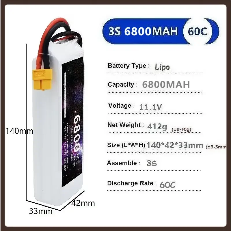6800mAh- 60C -11.1V -3S High-capacity Li-Ion Battery for Drones / Remote Control Toys with T XT60 XT90 Plug Replacement Battery