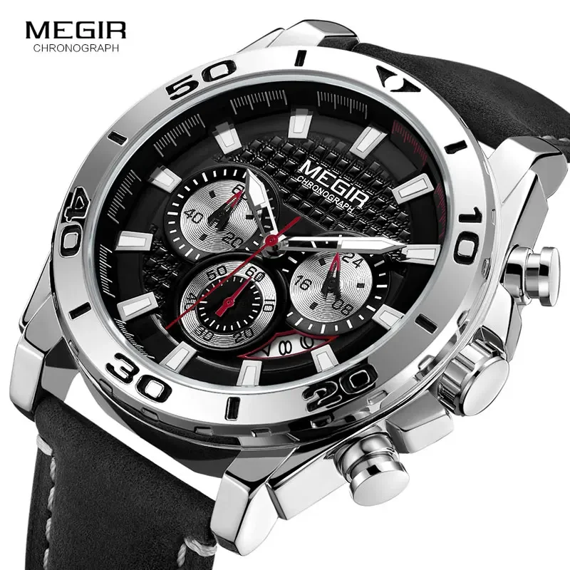 MEGIR Men's Army Sports Chronograph Quartz Watches Leather Strap Luminous Waterproof Wristwatch Man Relogios Clock 2094 Silver
