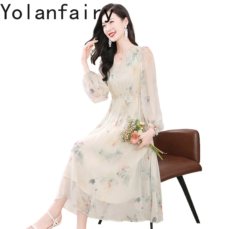 YOLANFAIRY فستان حريري حقيقي المرأة أوائل الخريف أنيقة الأزهار طباعة فساتين 100% التوت الحرير الخامس الرقبة محدبة الخصر فستان الموضة