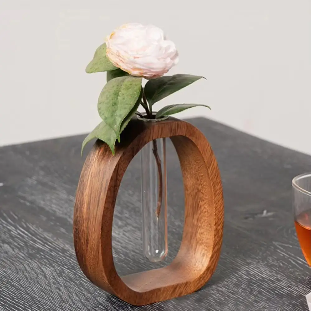 

Test Tube Shape Solid Wood Flower Vase Clear Wooden Stand Hydroponic Flower Vessel Vase Ornaments Glass Vase