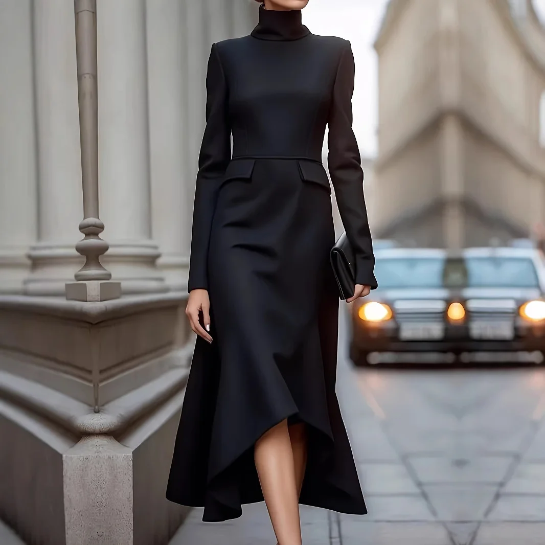 

Fall Spring Women's Long Dresses Solid Black Long Sleeves Slim Fit Maxi Dress High Neck Pleated Commuter Dress for Office Ladies