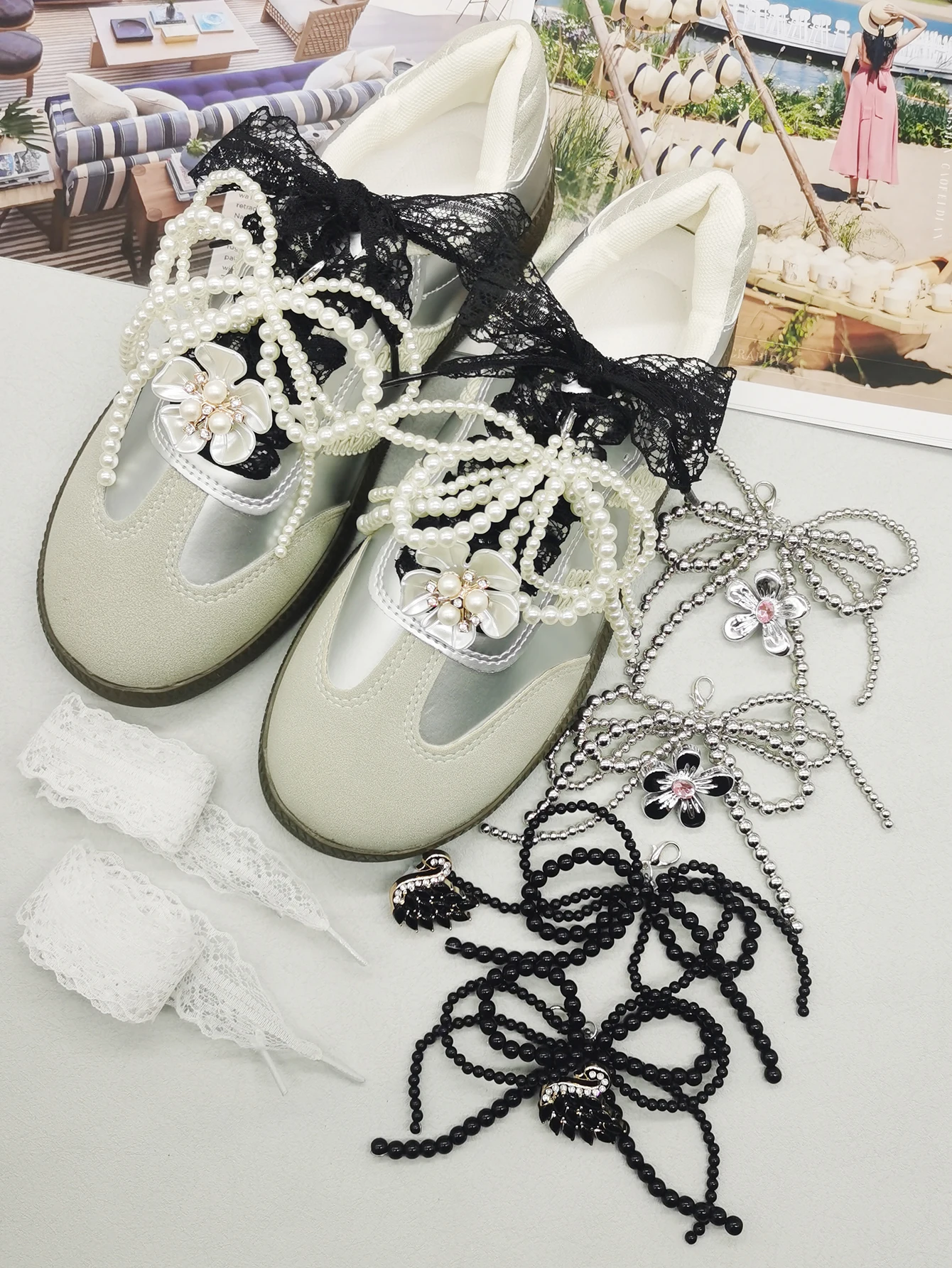 6PCS Spitze Schnürsenkel Dekor Barock Faux Perle Bogen Schuh Anhänger Dekorationen Blume Schnürsenkel Clips Zubehör Schwan Schuh Schnallen – Detail 5