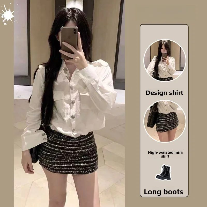 

Women's Slim Fit Long Sleeve Shirt And High Waist Skirt Set Fashionable Early Autumn Style Breathable Polyester Fabric Casual...