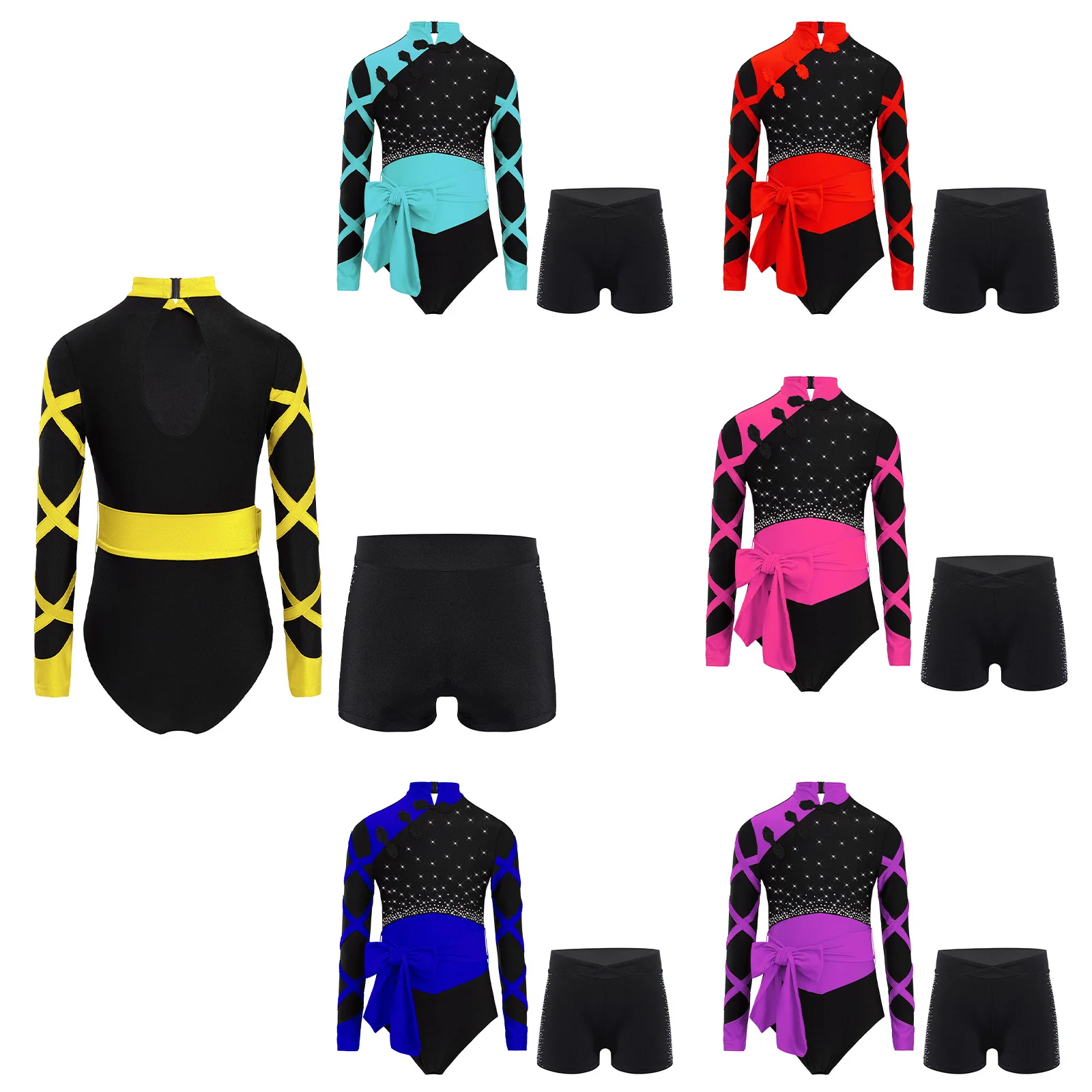 Dziecięce stroje gimnastyczne, do łyżwiarstwa figurowego, baletu i tańca dla dziewczynek, w stylu chińskim, z długim rękawem, błyszczące, z dżetami, body z paskiem i szortami.