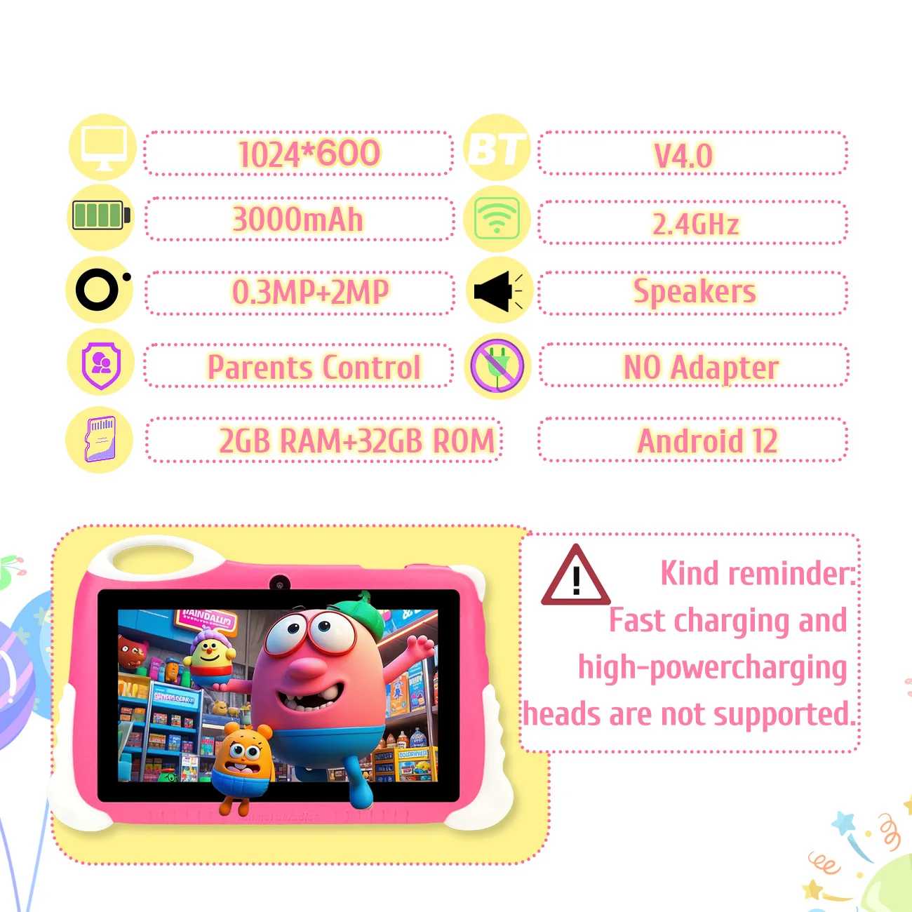 Tablet infantil Android 12 de 7 polegadas, tablet educacional com câmeras duplas, projetado para meninos e meninas como aniversário divertido, presentes de Natal