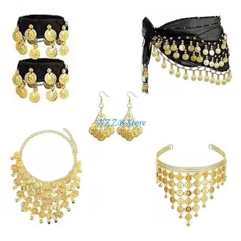 T21F Belly Dance Jewelry Set Gypsy เครื่องแต่งกายอุปกรณ์เสริมชุดเต้นรำหน้าท้องกำไลสะโพกสะโพกสะโพก