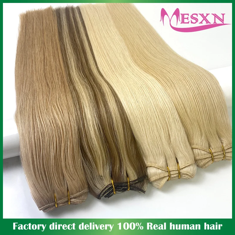 MESXN Straight Human Hair Weft Bundles European Remy Natural Human Hair Extension 14"-24" Can Curly Hair Weaves Blonde For Salon