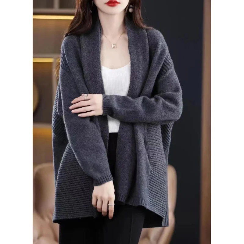 100% Wool Women Shawl Cardigan For Autumn and Winter Casual Soft Thickened Cardigan Solid Color Fashion Warm Knit Shawl Coat